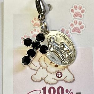 St. Francis medal and black rhinestone cross clip on pet charm